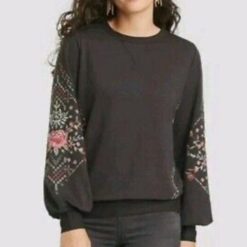Knox Rose Coal Gray Boho Floral Embroidered Pullover Puff Sleeve - Medium